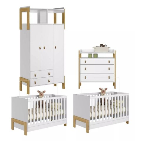 Jogo Quarto de Bebê para Gêmeos com 2 Berços Cômoda Roupeiro Qmovi