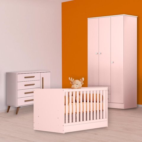 Conjunto Berço Mini Cama, Cômoda Sapateira Retrô e Guarda Roupa Rosa