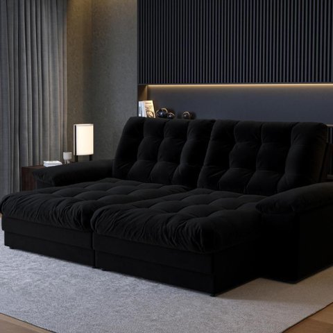Sofá com Chaise Houston 3 Lugares Retrátil e Reclinável 210cm Preto Suede