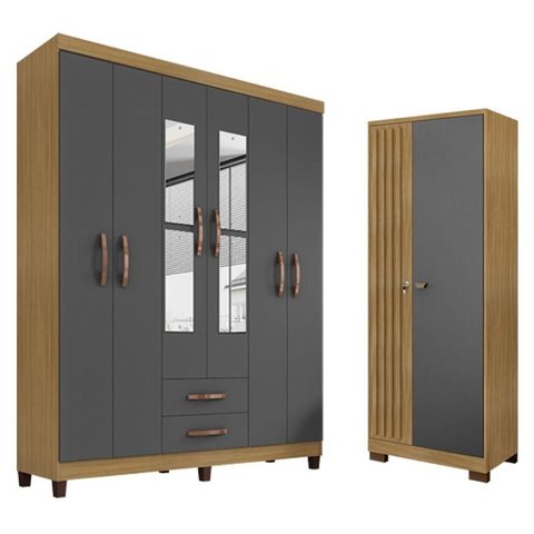 Guarda Roupa Casal Modena com Espelho 6 Portas e Armário Multiuso Versatile Carvalho Americano Grafi