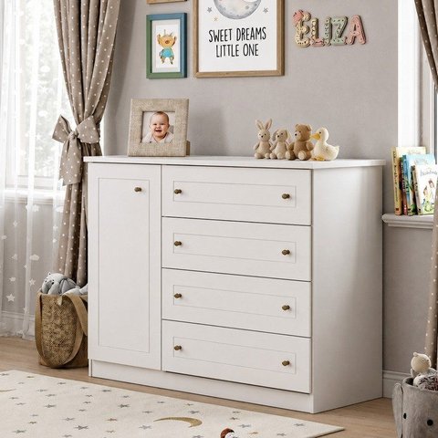 Cômoda Infantil 4 Gavetas 1 Porta Americana Nova York Espresso Móveis Branco/HP