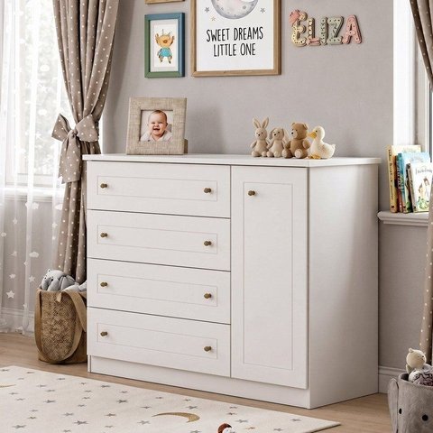 Cômoda Infantil 4 Gavetas 1 Porta Americana Nova York Espresso Móveis Branco/HP