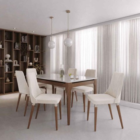 Conjunto de Jantar Mesa c/Vidro 1,60 Addar 6 Cadeiras Loren - Off White Fosco com Champanhe