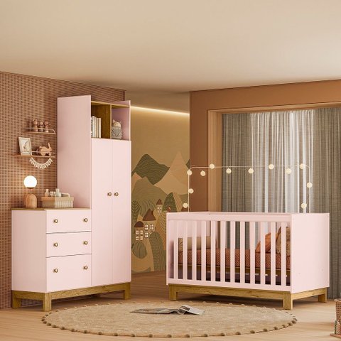 Quarto de Bebê com Berço Slim e Guarda Roupa com Cômoda Flora Rosa Qmovi