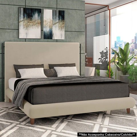 Cama Casal Base Box 138x188cm Pés Madeira Cold P02 Veludo Bege - Mpozenato