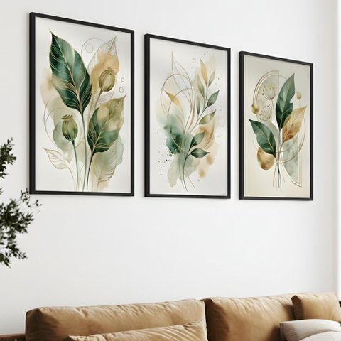 Kit 3 Quadros Folhagem Verde Dourado Aquarela:preta