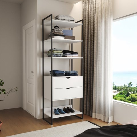 Closet Solteiro Estilo Industrial Loft 1 Módulo com Gaveta Branco Ferro Preto