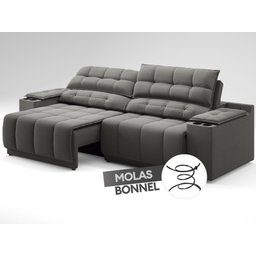 Sofá com Porta Copos Carregador USB Ret Rec Samurai 2,30m Velosuede Cinza - NETSOFAS - 6