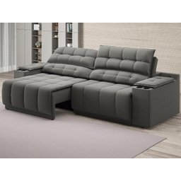 Sofá com Porta Copos Carregador USB Ret Rec Samurai 2,30m Velosuede Cinza - NETSOFAS - 1