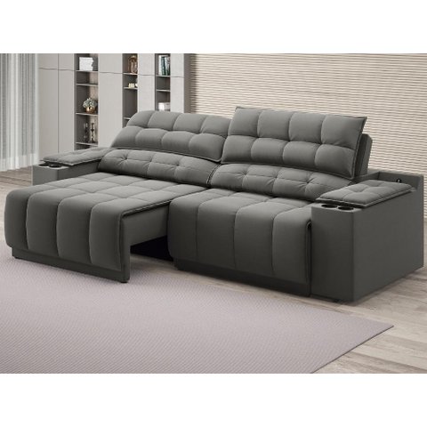 Sofá com Porta Copos Carregador Usb Ret Rec Samurai 2,30m Velosuede Cinza - Netsofas