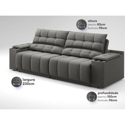 Sofá com Porta Copos Carregador USB Ret Rec Samurai 2,30m Velosuede Cinza - NETSOFAS - 3