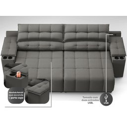 Sofá com Porta Copos Carregador USB Ret Rec Samurai 2,30m Velosuede Cinza - NETSOFAS - 2