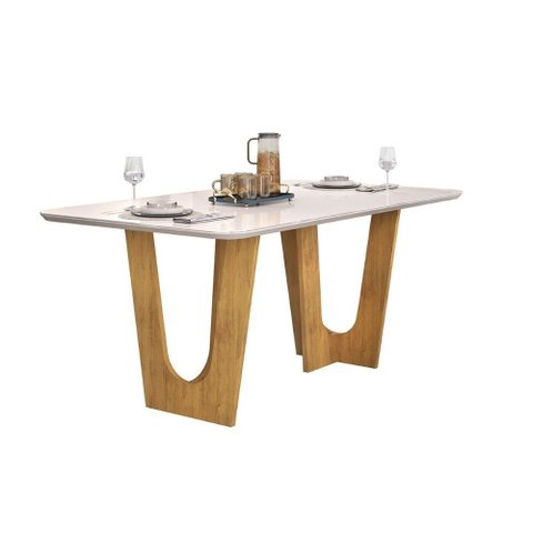 Mesa de Sala Jantar Nala C/ Tampo Madeirado C/ Vidro Curvo 170x90cm Cedro/off White - Dj Móveis