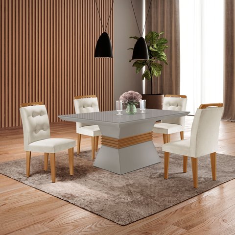 Conjunto Sala de Jantar Mesa Clarice 120x80cm Tampo Vidro/MDF Canto Reto com 4 Cadeiras Valentina Branco/Veludo Creme/Off White/Imbuia Yescasa