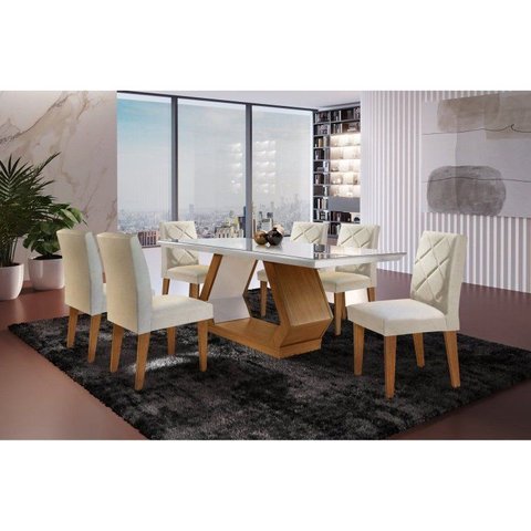 Conj Sala de Jantar Mesa Islândia 180 Tampo Vidro/MDF Cr c/ 6 Cad Irlanda Marrom/Offwhite/Imbuia