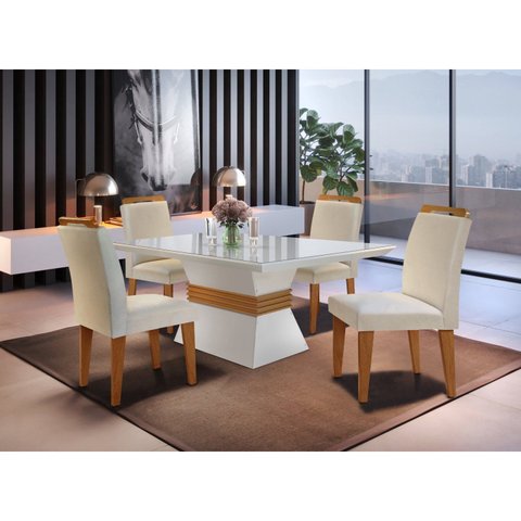Conjunto Sala de Jantar Mesa Clarice 120x80cm Tampo Vidro/MDF Canto Reto com 4 Cadeiras Athenas Branco/Veludo Creme/Off White/Imbuia Yescasa
