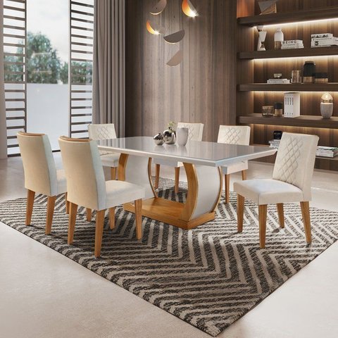 Conjunto Sala de Jantar Mesa Tampo de Vidro 6 Cadeiras Luanda Yescasa Marrom/Imbuia/Veludo Creme