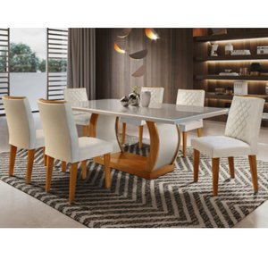 Conjunto Sala de Jantar Mesa Luanda 180x80cmTampo Vidro/MDF Canto Reto com 6 Cadeiras Luanda 