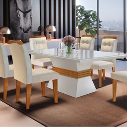 Conjunto Sala de Jantar Mesa Clarice 180x80cm Tampo Vidro/mdf Canto Reto com 6 Cadeiras Valentina Ru - 1 Conjunto Sala de Jantar Mesa Clarice 180x80cm Tampo Vidro/mdf Canto Reto com 6 Cadeiras Valentina Ru - 1