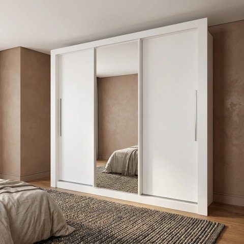 Guarda-Roupa Casal com Espelho MDF 3 Portas de Correr 4 Gavetas Milão Branco