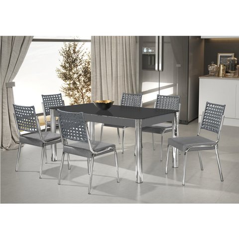 Conjunto Sala de Jantar Mesa Natani 160x90cm com 6 Cadeiras Natani Junco Yescasa Cinza/Preto/Cromado