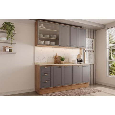 Cozinha Modulada Carraro Bella 4 Peças (2aéreos+2balcões) C4p168 Nogal/cinza-carraro