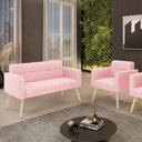 Ver imagem 6 de Kit 1 Sofá Namoradeira e 1 Poltrona Elisa Suede Rosa Bebê Pés Palito Natural - D'Rossi
