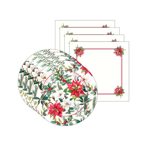 Kit Sousplat + Guardanapo Natal Flores - 4 Peças - com Base