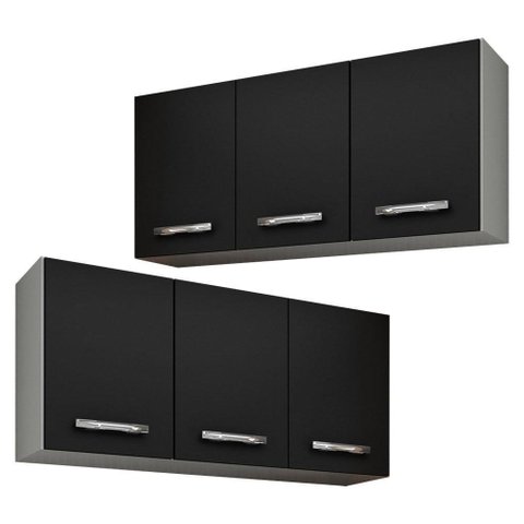 2 Armários Aéreos 03 Portas 120Cm Branco/Preto Lumil Móveis