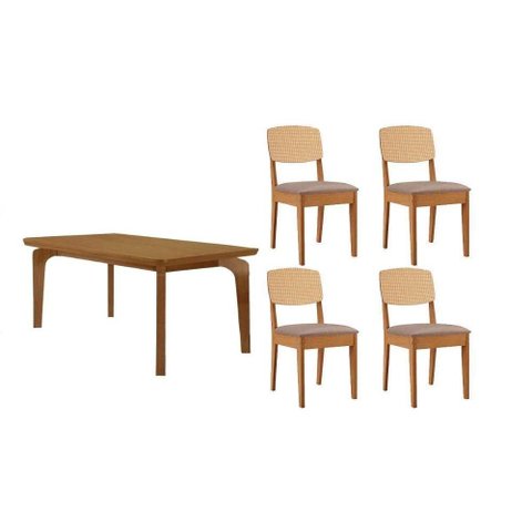 Sala Jantar Mesa Londrina Tampo Curvo 120cm+4 Cadeiras Havana Naturale - Linho Capuccino - Rufato