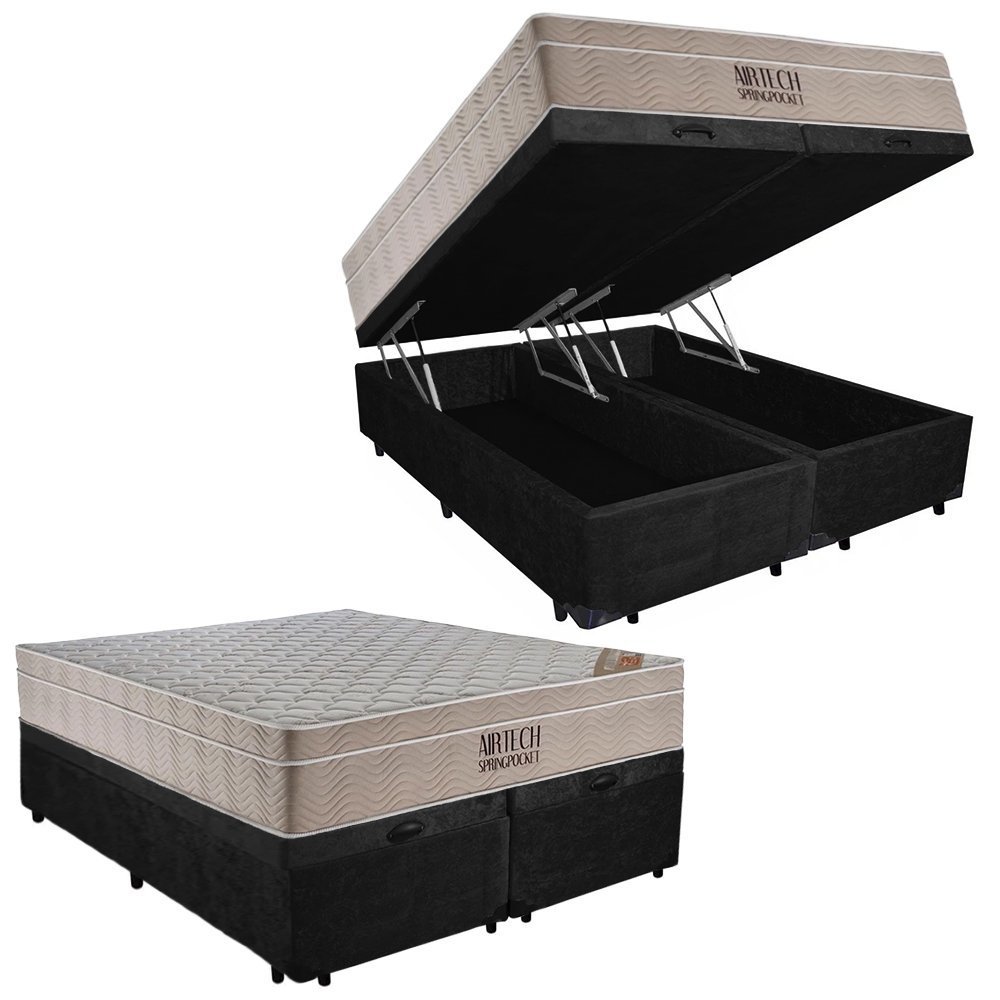 Cama Box Baú Casal Suede Bipartido + Colchão Ortobom Airtech Molas Ensacadas 65x138x188