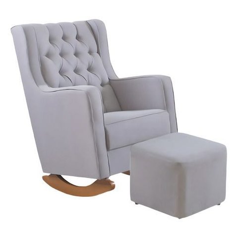Poltrona Amamentação Balanço e Puff Linho Cinza Bebê Nina