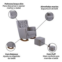 Poltrona Amamentação Balanço e Puff Linho Cinza Bebê Nina - 3