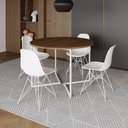 Ver imagem 1 de Mesa Industrial Jantar Redonda Amêndoa 110Cm Base V Com 4 Cadeiras Eames Brancas Ferro Amendoa