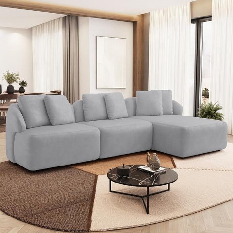Sofá 4 Lugares com Chaise Direito Sala Living 288cm Arlo F04 Veludo Cinza - Lyam Decor