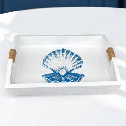 Bandeja Branca Concha Pérola em Madeira 35x25 Cm Decoração Náutica Praia - 1