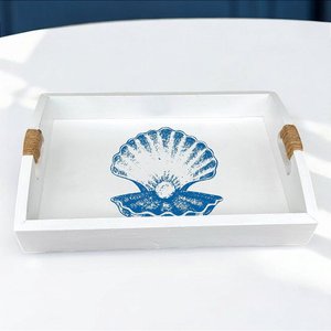 Bandeja Branca Concha Pérola em Madeira 35x25 Cm Decoração Náutica Praia