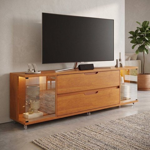 Rack para TV até 70 Polegadas com LED Vidro Reflecta 182cm 2 Gavetas Rodízios de Silicone Orion