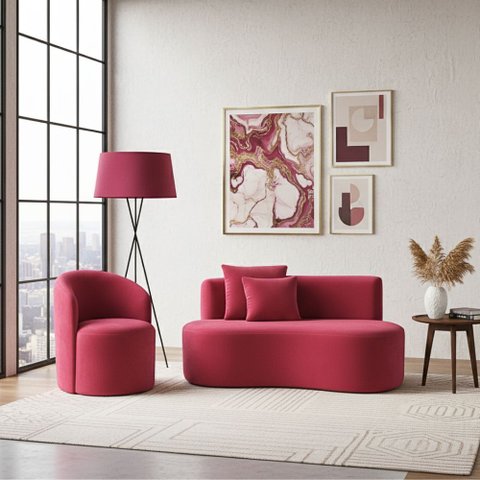 Conjunto 01 Poltrona + Sofá Curvo Orgânico Nature Gaia Veludo Vermelho - Montanaris Decor