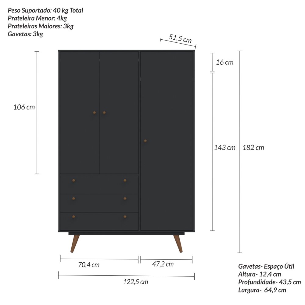 Guarda Roupa Solteiro 3 Portas 3 Gavetas Retrô 20  - 5