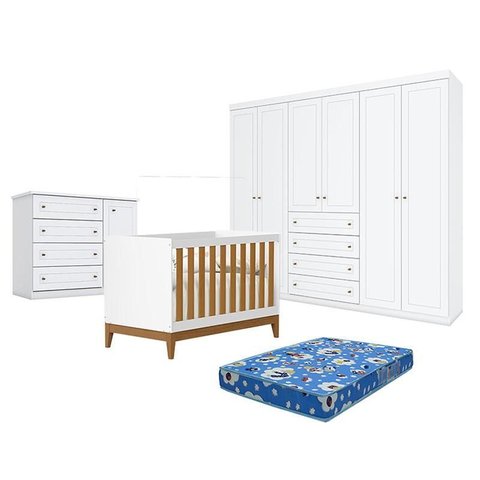 Quarto de Bebê Americano 6 Portas com Berço Americano Flip Branco Acetinado Savana Reller e Colchão 