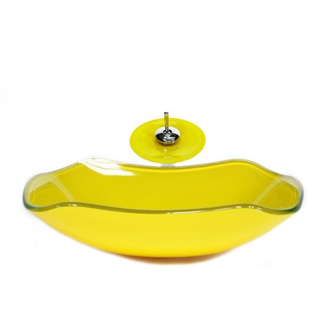 CUBA DE VIDRO ABAULADA 45CM AMARELO + VALVULA + TORNEIRA CASCATA