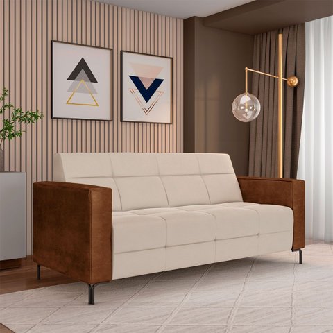 Sofá Living Decorativo Houston 2 Lugares 200cm Pés em Metal Veludo/ Pu Bege/ Marrom G33 - Gran Belo