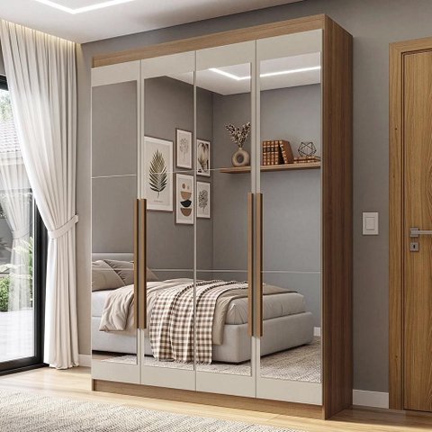 Guarda-Roupa Solteiro 4 Portas Batentes com Espelhos Rustic/Crema/Rustic Venus Madesa