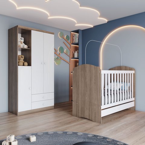 Quarto de Bebê Compacto com Berço e Guarda Roupa Lápis de Cor Espresso Móveis Marrom/Branco/Rústico