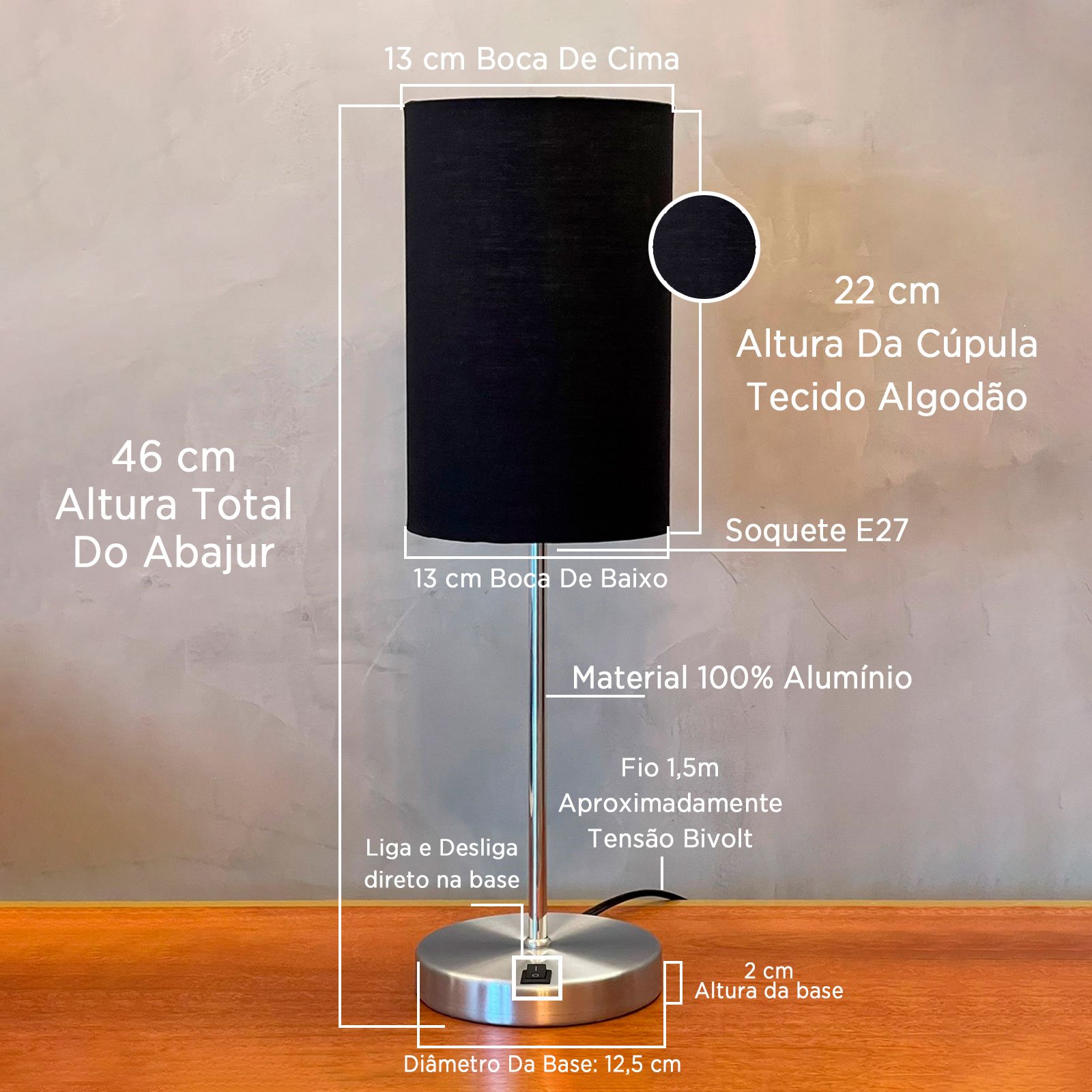 Abajur Redondo Luminaria Escovado com Cupula Preto Tecido Algodao Bivolt - 2