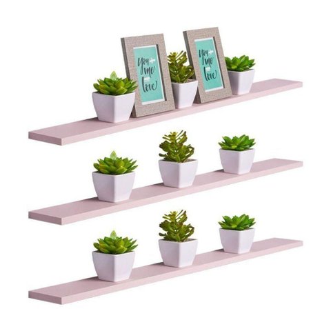 Prateleira Kit 3 100x20cm MDP Suporte Invisível Organizador Sala Rosa Claro Mercado Das Prateleiras