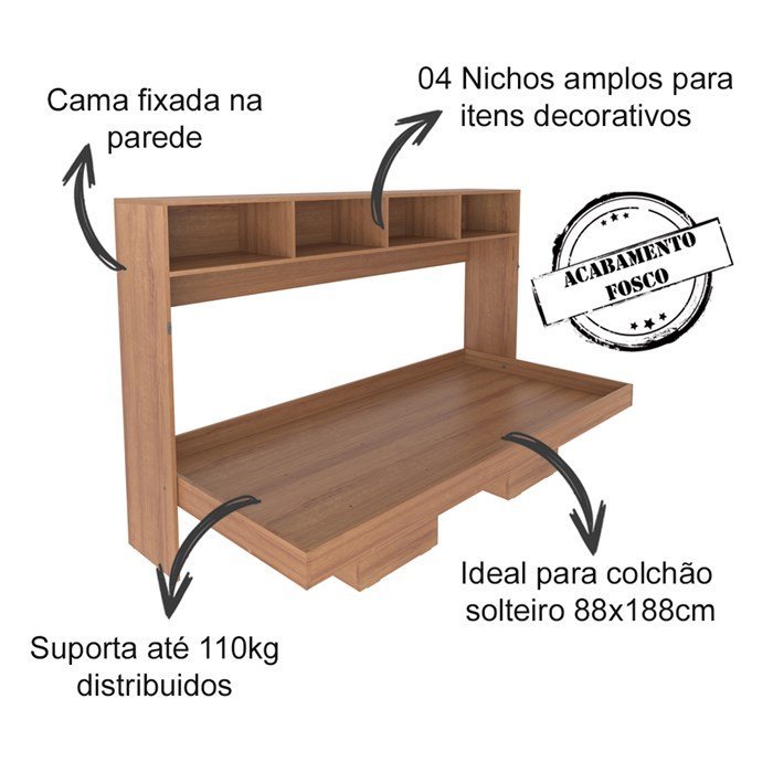 Cama Retratil Horizontal Solteiro CM8020 Amendoa Tecno Mobili - 3