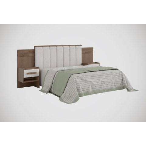 Cabeceira para Cama de Casal Ripada Irís 140cm Estofada com 2 Mesas de Cabeceira D Doro Castanho/off