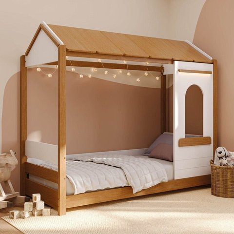 Cama Casinha Montessoriano Reversível com Janela de LED Aria Casatema MadeiraOriginals Marrom/Nogueira/Branco